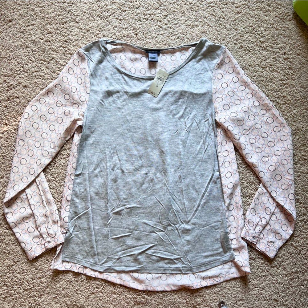 New Ann Taylor Blouse Pink Gray Long Sleeve Scoop Neck Shirt Soft (Small) $55